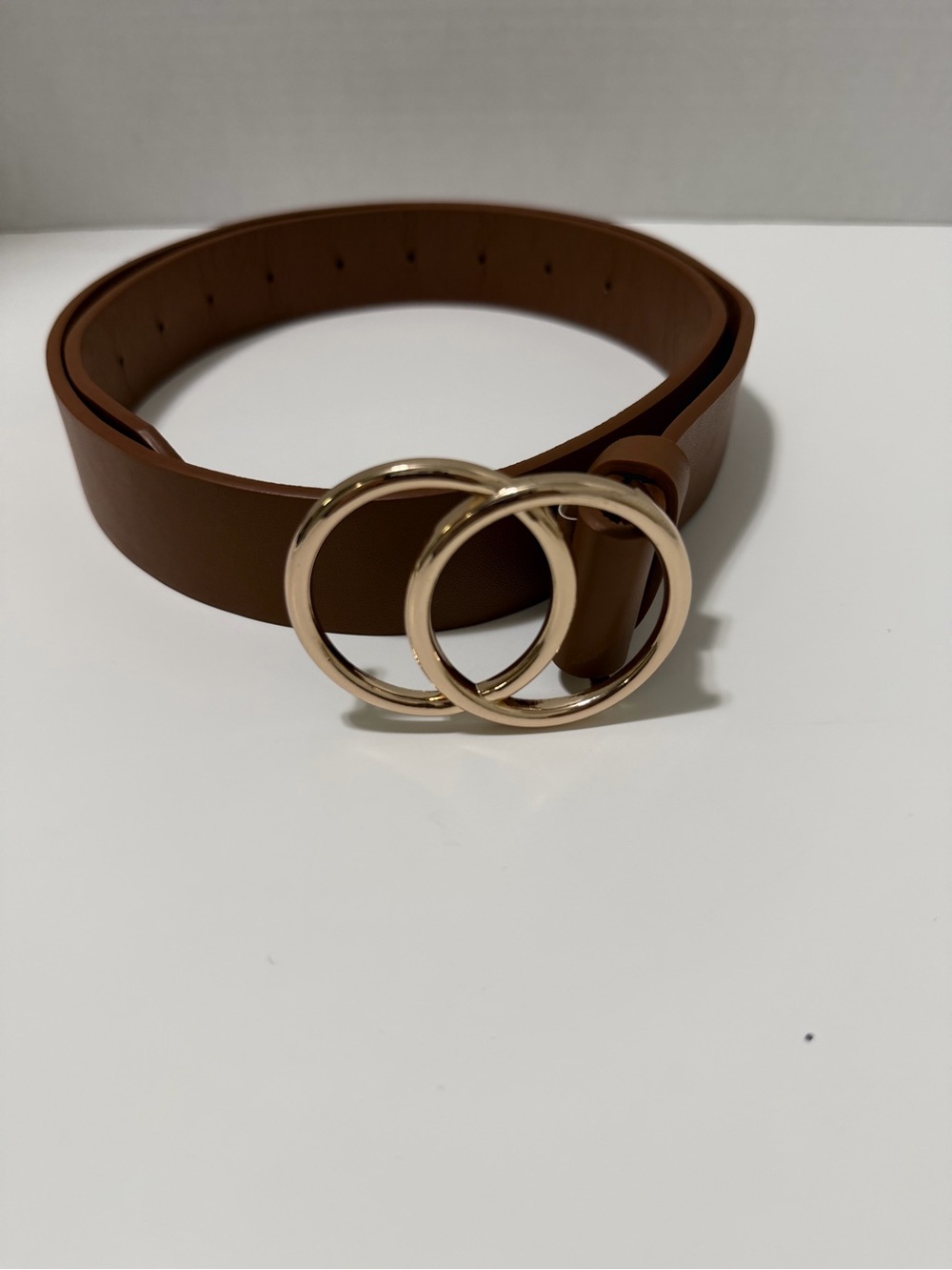 Women's Brown Belt Gold Double O-Ring Buckle Adjustable Waist 35-40"